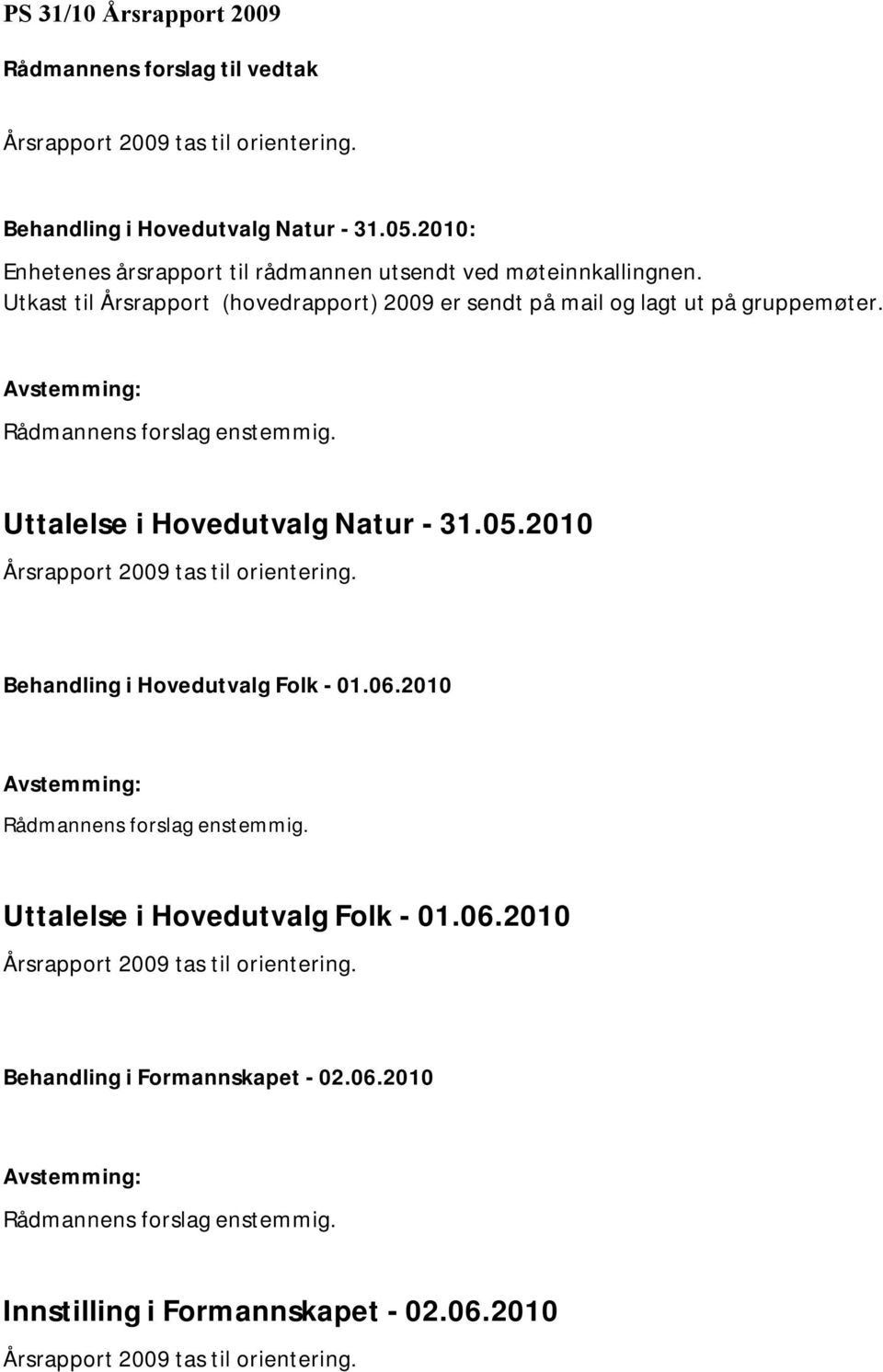 Utkast til Årsrapport (hovedrapport) 2009 er sendt på mail og lagt ut på gruppemøter. Uttalelse i Hovedutvalg Natur - 31.05.