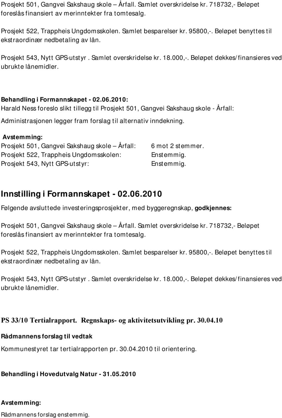 Behandling i Formannskapet - 02.06.2010: Harald Ness foreslo slikt tillegg til Prosjekt 501, Gangvei Sakshaug skole - Årfall: Administrasjonen legger fram forslag til alternativ inndekning.