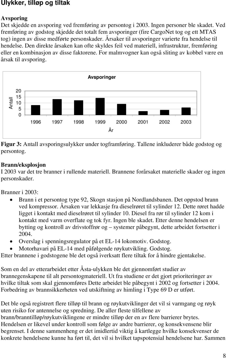 Den direkte årsaken kan ofte skyldes feil ved materiell, infrastruktur, fremføring eller en kombinasjon av disse faktorene. For malmvogner kan også sliting av kobbel være en årsak til avsporing.