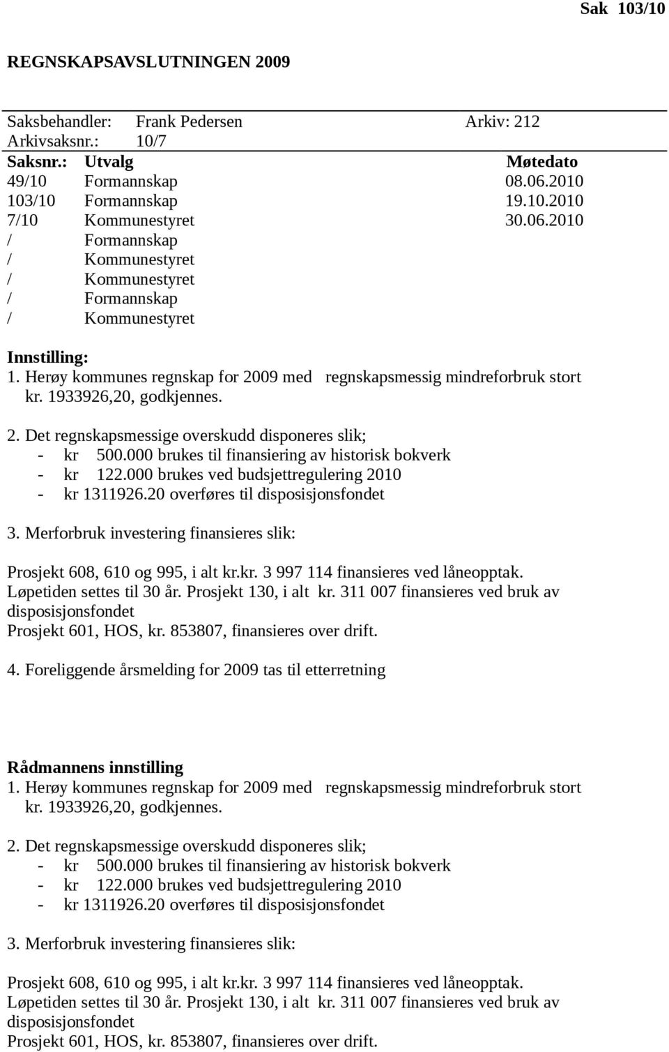 Herøy kommunes regnskap for 2009 med regnskapsmessig mindreforbruk stort kr. 1933926,20, godkjennes. 2. Det regnskapsmessige overskudd disponeres slik; - kr 500.