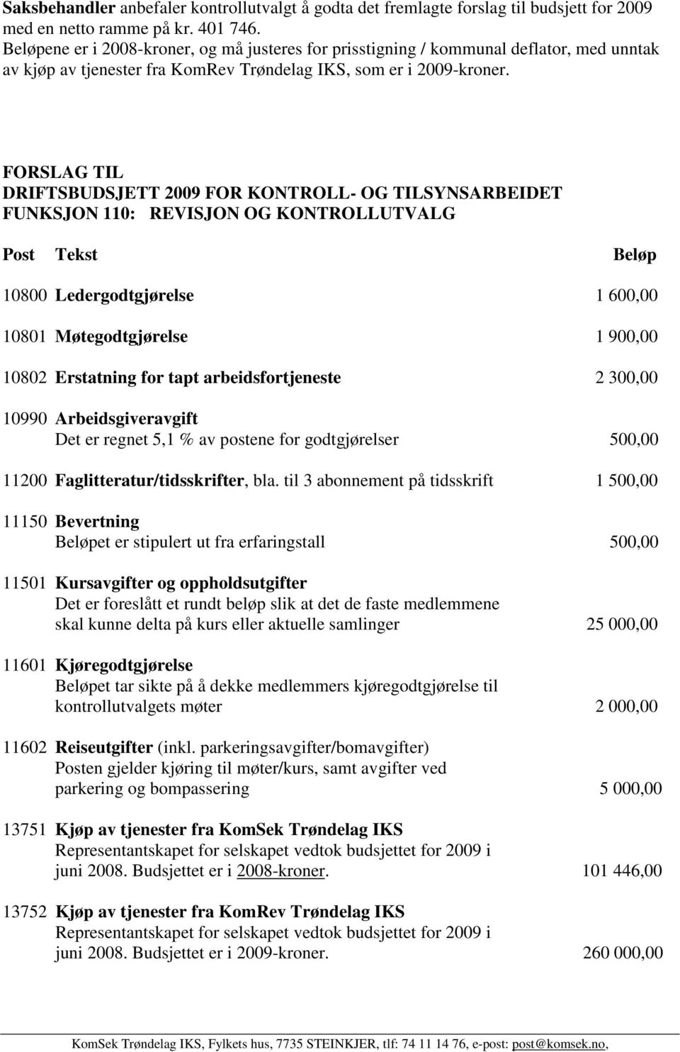 FORSLAG TIL DRIFTSBUDSJETT 2009 FOR KONTROLL- OG TILSYNSARBEIDET FUNKSJON 110: REVISJON OG KONTROLLUTVALG Post Tekst Beløp 10800 Ledergodtgjørelse 1 600,00 10801 Møtegodtgjørelse 1 900,00 10802