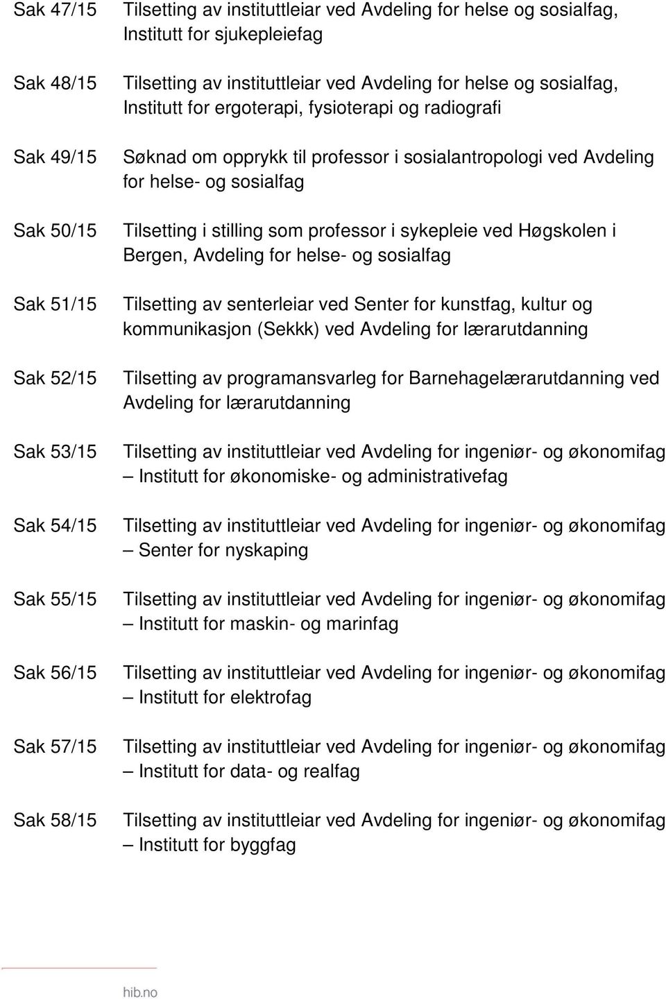 for helse- og sosialfag Tilsetting i stilling som professor i sykepleie ved Høgskolen i Bergen, Avdeling for helse- og sosialfag Tilsetting av senterleiar ved Senter for kunstfag, kultur og