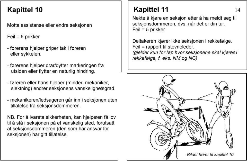 (gjelder kun for løp hvor seksjonene skal kjøres i rekkefølge, f. eks. NM og NC) 14 - føreren eller hans hjelper (minder, mekaniker, slektning) endrer seksjonens vanskelighetsgrad.