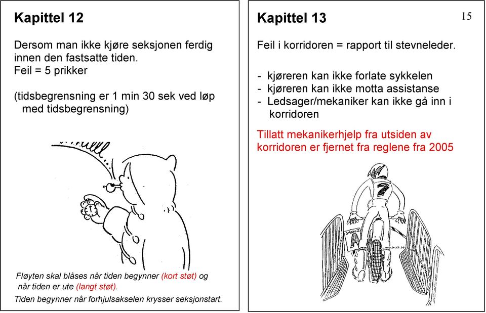 - kjøreren kan ikke forlate sykkelen - kjøreren kan ikke motta assistanse - Ledsager/mekaniker kan ikke gå inn i korridoren Tillatt