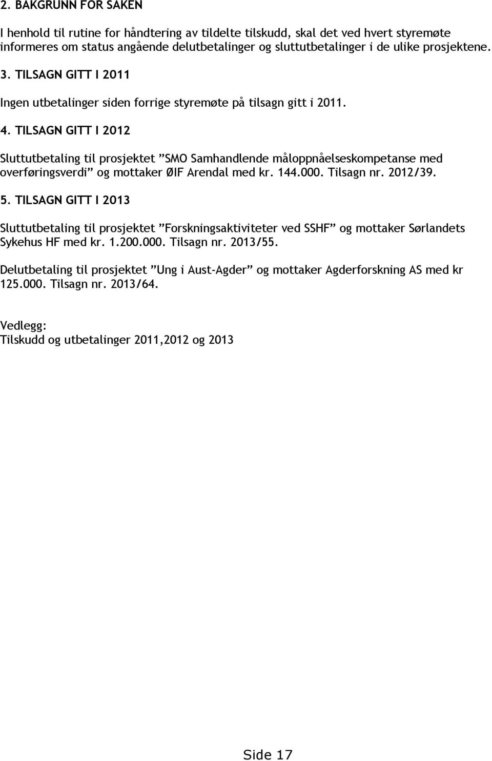 TILSAGN GITT I 2012 Sluttutbetaling til prosjektet SMO Samhandlende måloppnåelseskompetanse med overføringsverdi og mottaker ØIF Arendal med kr. 144.000. Tilsagn nr. 2012/39. 5.