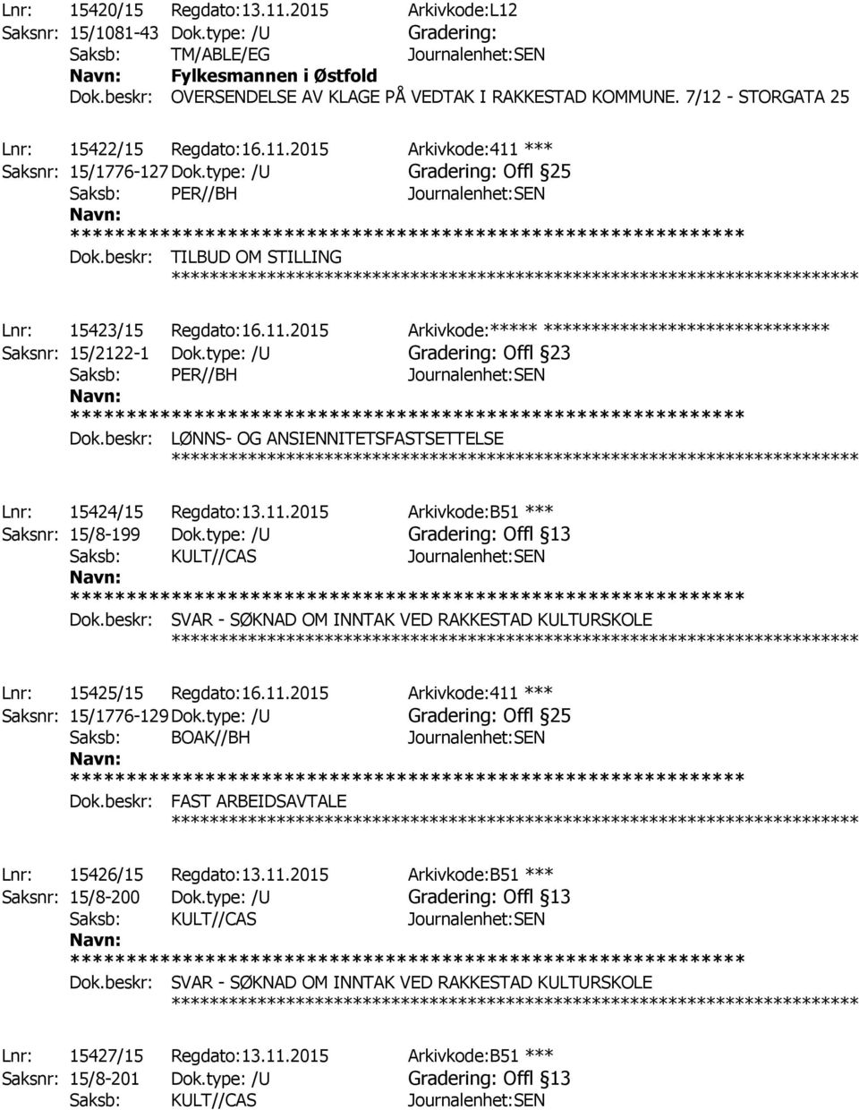 type: /U Gradering: Offl 25 ************ Lnr: 15423/15 Regdato:16.11.2015 Arkivkode:***** ****************************** Saksnr: 15/2122-1 Dok.
