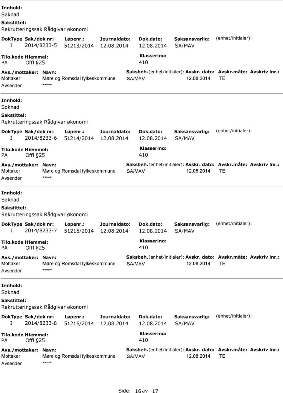 nnhold: Søknad Rekrutteringssak Rådgivar økonomi 2014/8233-7 51215/2014 SA/MAV PA Offl 25 410 Mottaker Møre og Romsdal fylkeskommune SA/MAV TE