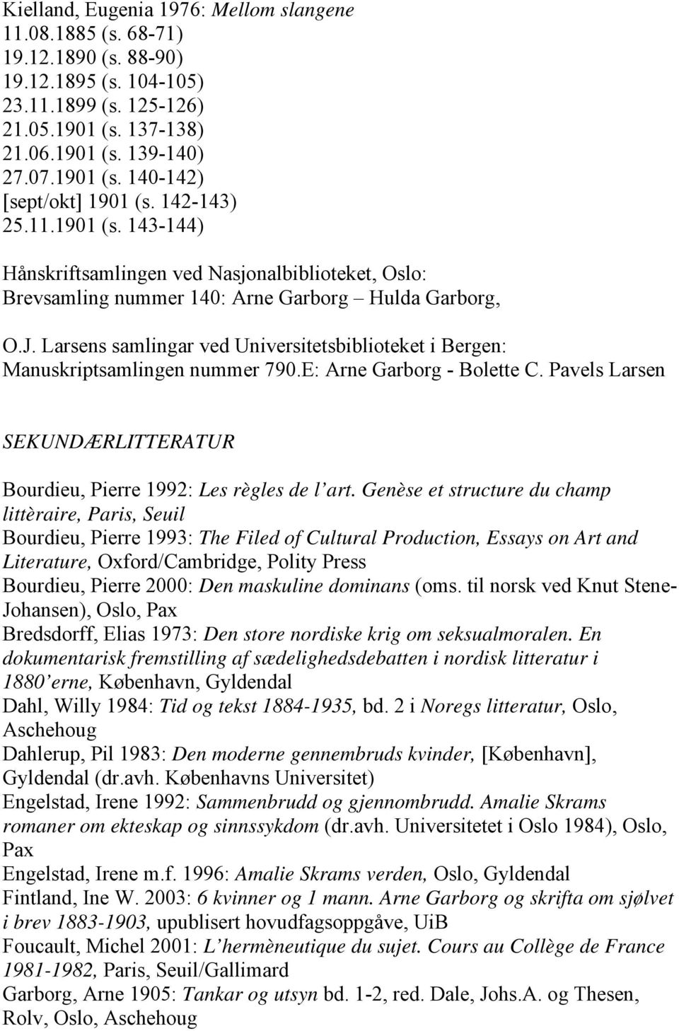 Larsens samlingar ved Universitetsbiblioteket i Bergen: Manuskriptsamlingen nummer 790.E: Arne Garborg - Bolette C. Pavels Larsen SEKUNDÆRLITTERATUR Bourdieu, Pierre 1992: Les règles de l art.