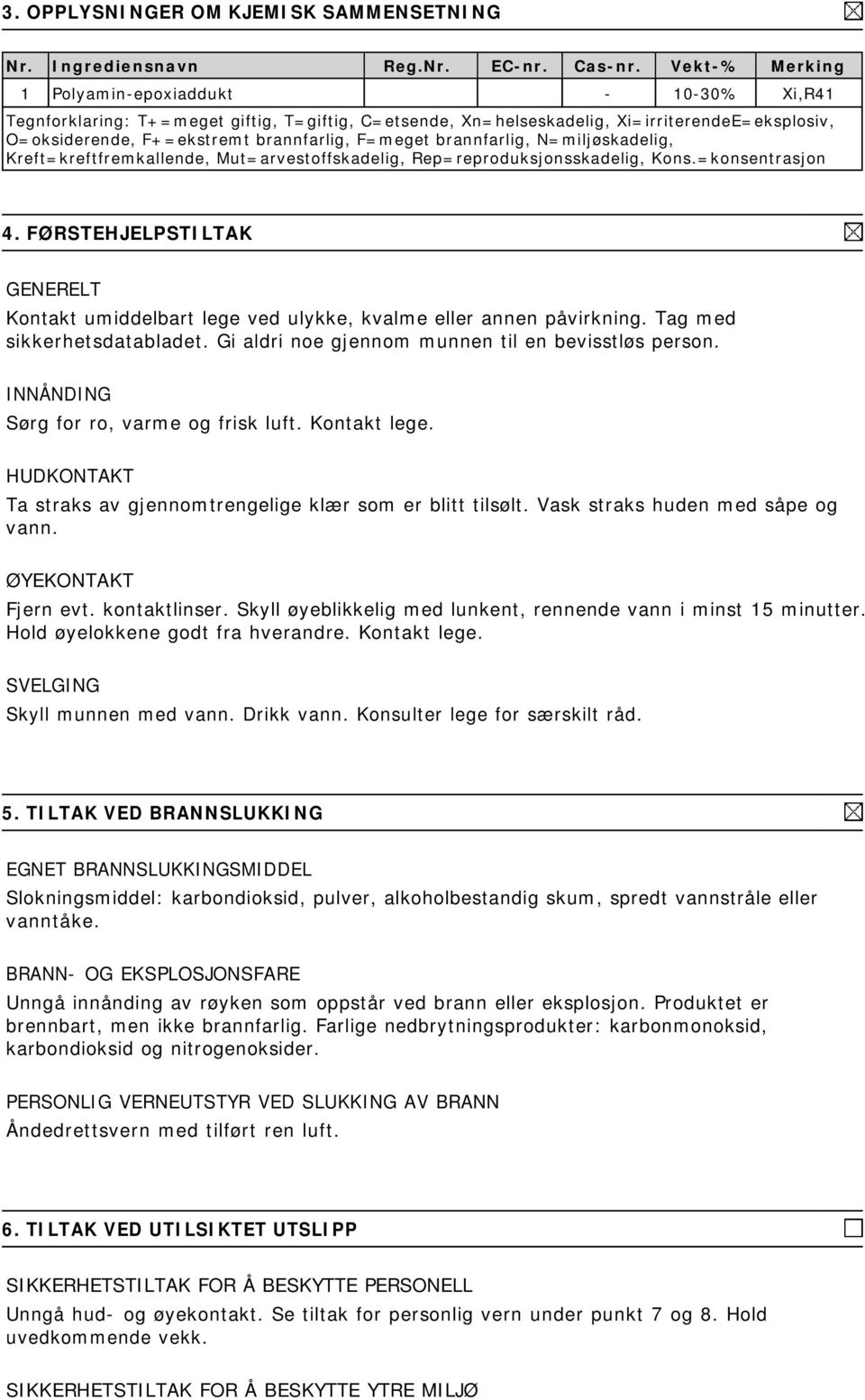 F=meget brannfarlig, N=miljøskadelig, Kreft=kreftfremkallende, Mut=arvestoffskadelig, Rep=reproduksjonsskadelig, Kons.=konsentrasjon 4.