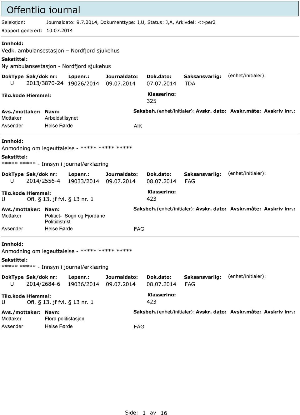 : Mottaker Arbeidstilsynet AK Anmodning om legeuttalelse - ***** ***** ***** ***** ***** - nnsyn i journal/erklæring 2014/2556-4 19033/2014 Avs./mottaker: Navn: Saksbeh. Avskr. dato: Avskr.