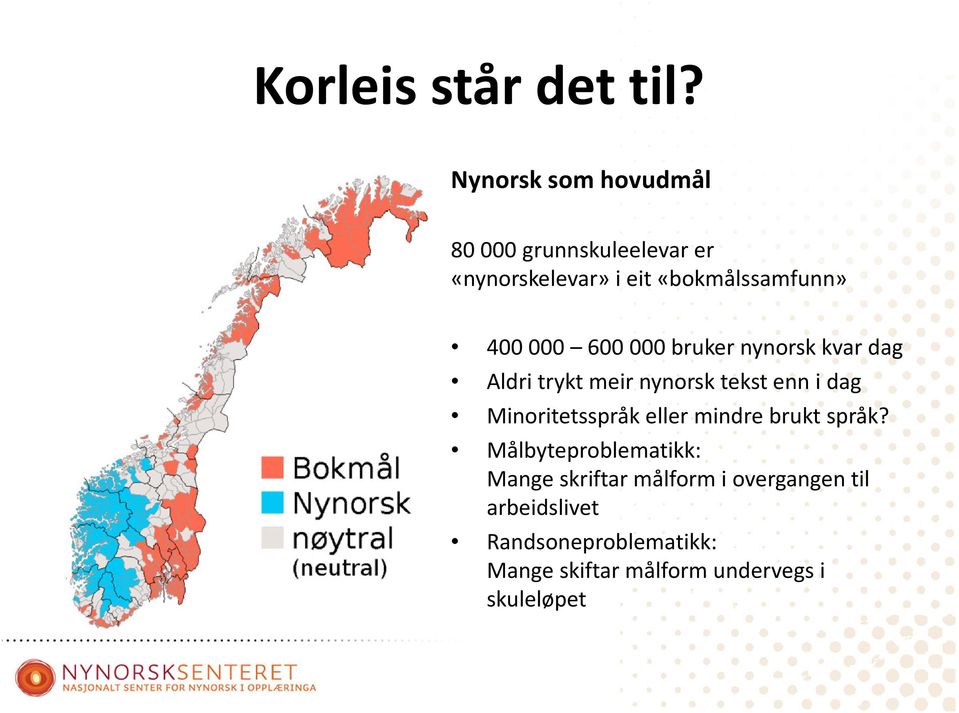 000 600 000 bruker nynorsk kvar dag Aldri trykt meir nynorsk tekst enn i dag Minoritetsspråk