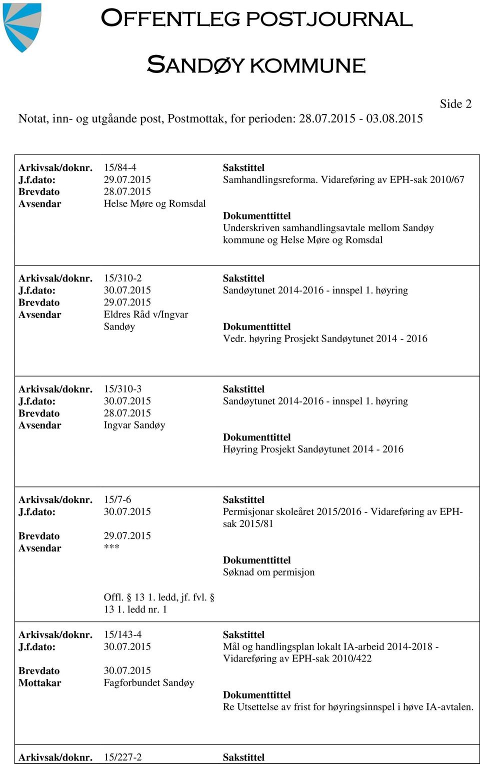 2015 Sandøytunet 2014-2016 - innspel 1. høyring Eldres Råd v/ingvar Sandøy Vedr. høyring Prosjekt Sandøytunet 2014-2016 Arkivsak/doknr. 15/310-3 Sakstittel J.f.dato: 30.07.