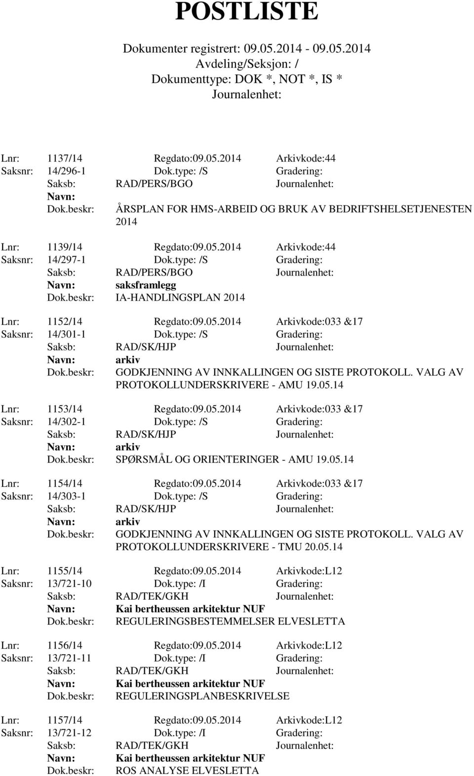 type: /S Gradering: Saksb: RAD/SK/HJP arkiv GODKJENNING AV INNKALLINGEN OG SISTE PROTOKOLL. VALG AV PROTOKOLLUNDERSKRIVERE - AMU 19.05.14 Lnr: 1153/14 Regdato:09.05.2014 Arkivkode:033 &17 Saksnr: 14/302-1 Dok.