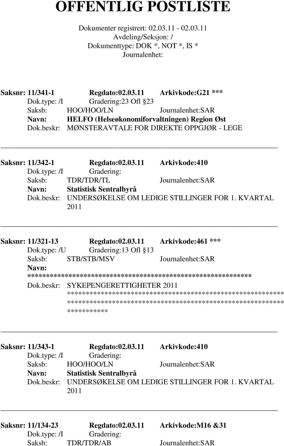 beskr: UNDERSØKELSE OM LEDIGE STILLINGER FOR 1. KVARTAL 2011 Saksnr: 11/321-13 Regdato:02.03.11 Arkivkode:461 *** Dok.type: /U Gradering:13 Ofl 13 Saksb: STB/STB/MSV SAR Dok.