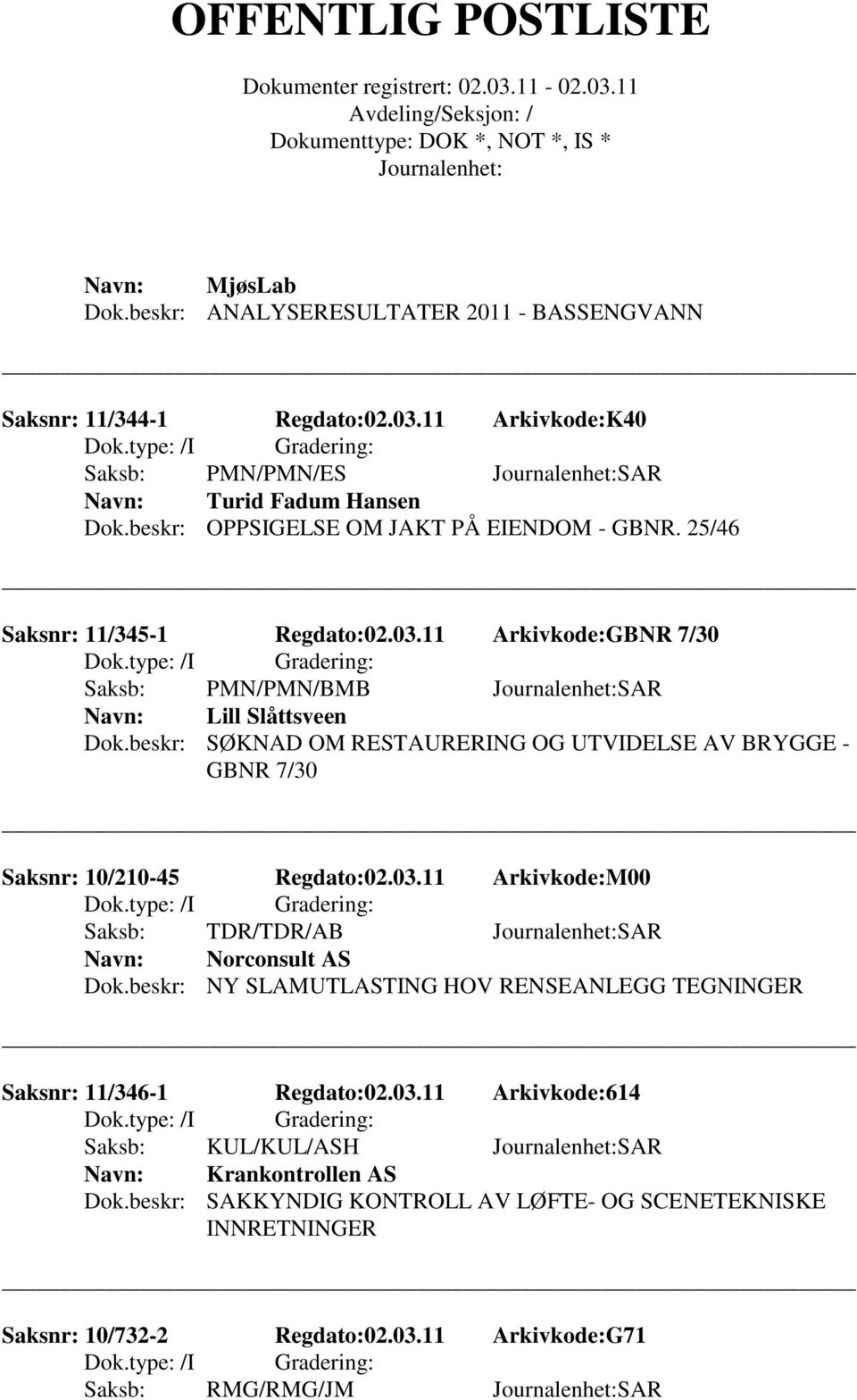 beskr: SØKNAD OM RESTAURERING OG UTVIDELSE AV BRYGGE - GBNR 7/30 Saksnr: 10/210-45 Regdato:02.03.11 Arkivkode:M00 Saksb: TDR/TDR/AB SAR Norconsult AS Dok.