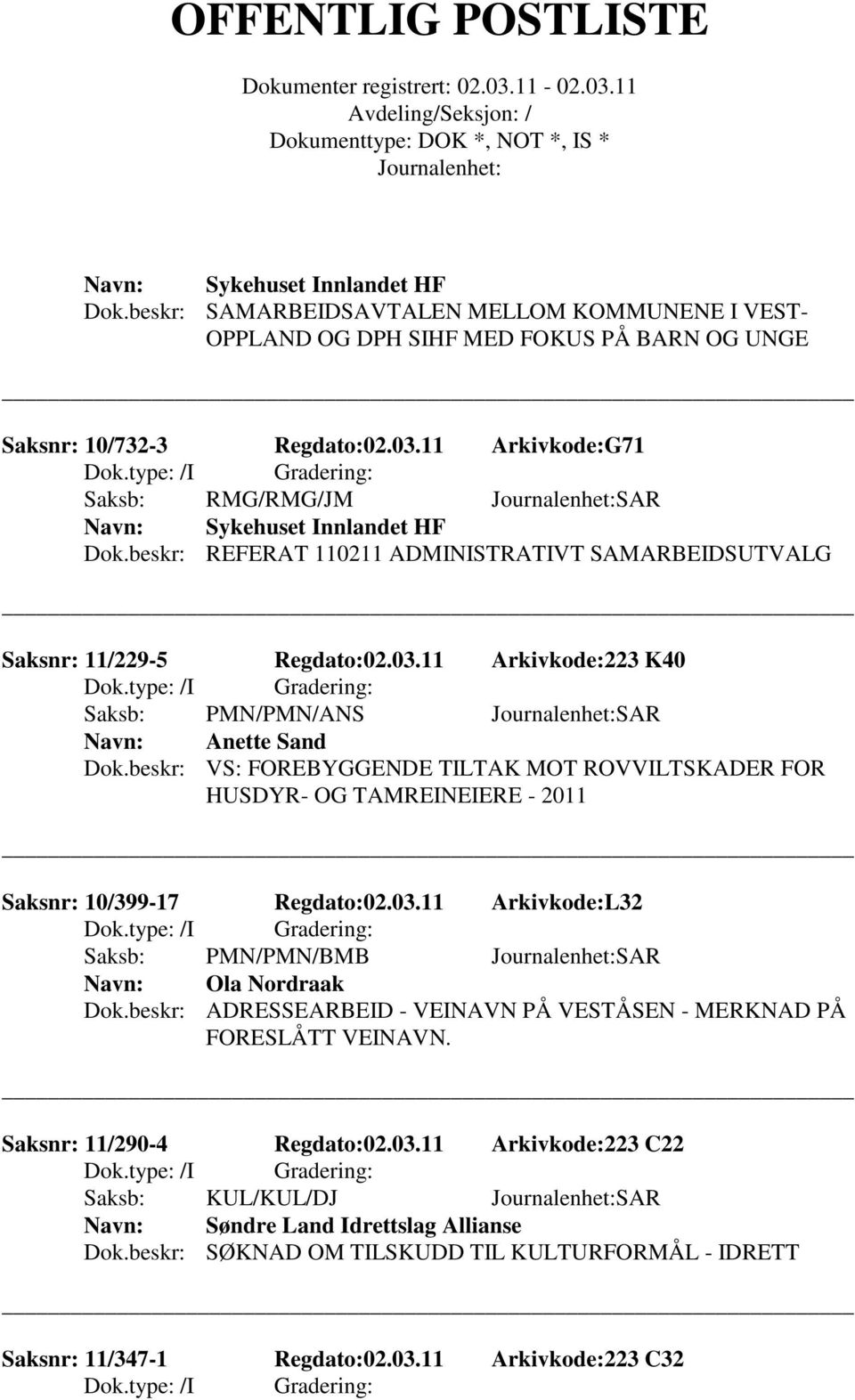 11 Arkivkode:223 K40 Saksb: PMN/PMN/ANS SAR Anette Sand Dok.beskr: VS: FOREBYGGENDE TILTAK MOT ROVVILTSKADER FOR HUSDYR- OG TAMREINEIERE - 2011 Saksnr: 10/399-17 Regdato:02.03.