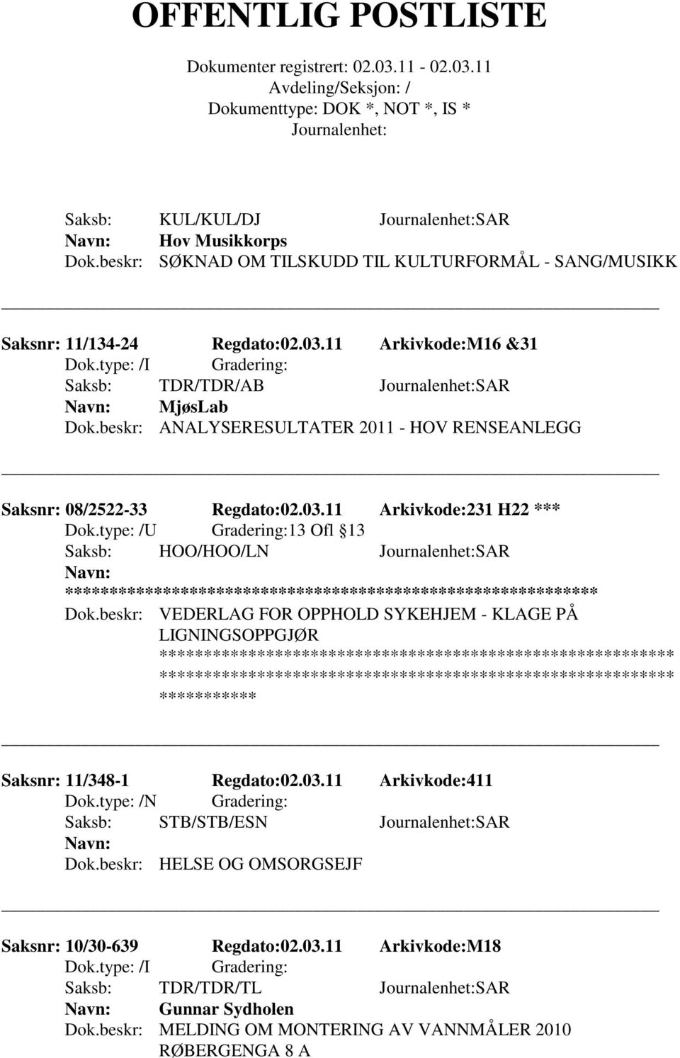 type: /U Gradering:13 Ofl 13 Saksb: HOO/HOO/LN SAR Dok.beskr: VEDERLAG FOR OPPHOLD SYKEHJEM - KLAGE PÅ LIGNINGSOPPGJØR Saksnr: 11/348-1 Regdato:02.03.