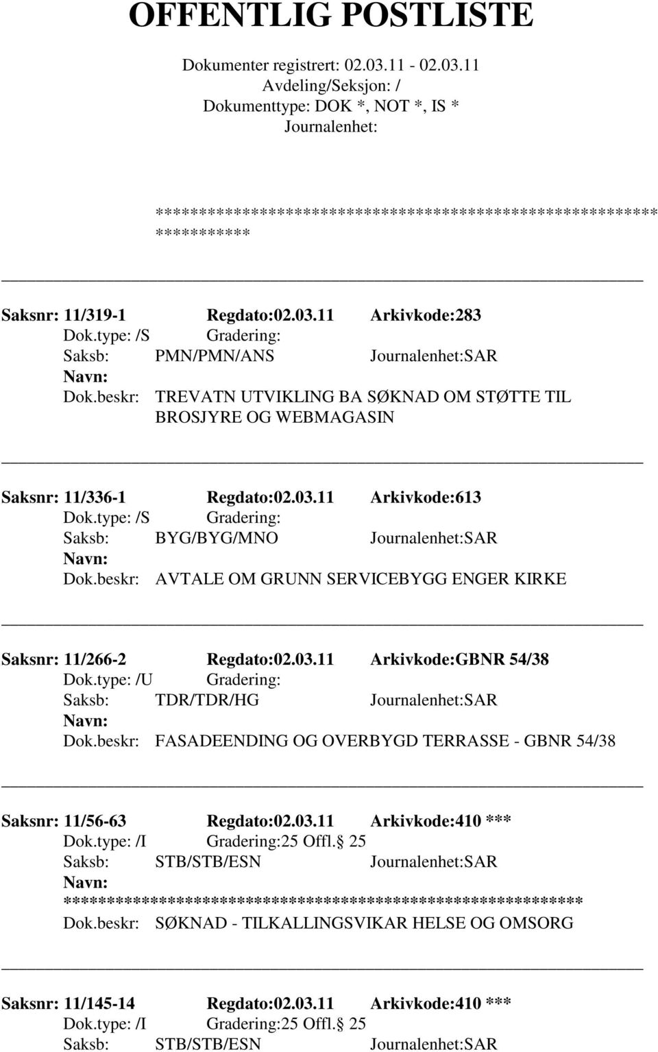 type: /S Gradering: Saksb: BYG/BYG/MNO SAR Dok.beskr: AVTALE OM GRUNN SERVICEBYGG ENGER KIRKE Saksnr: 11/266-2 Regdato:02.03.11 Arkivkode:GBNR 54/38 Dok.