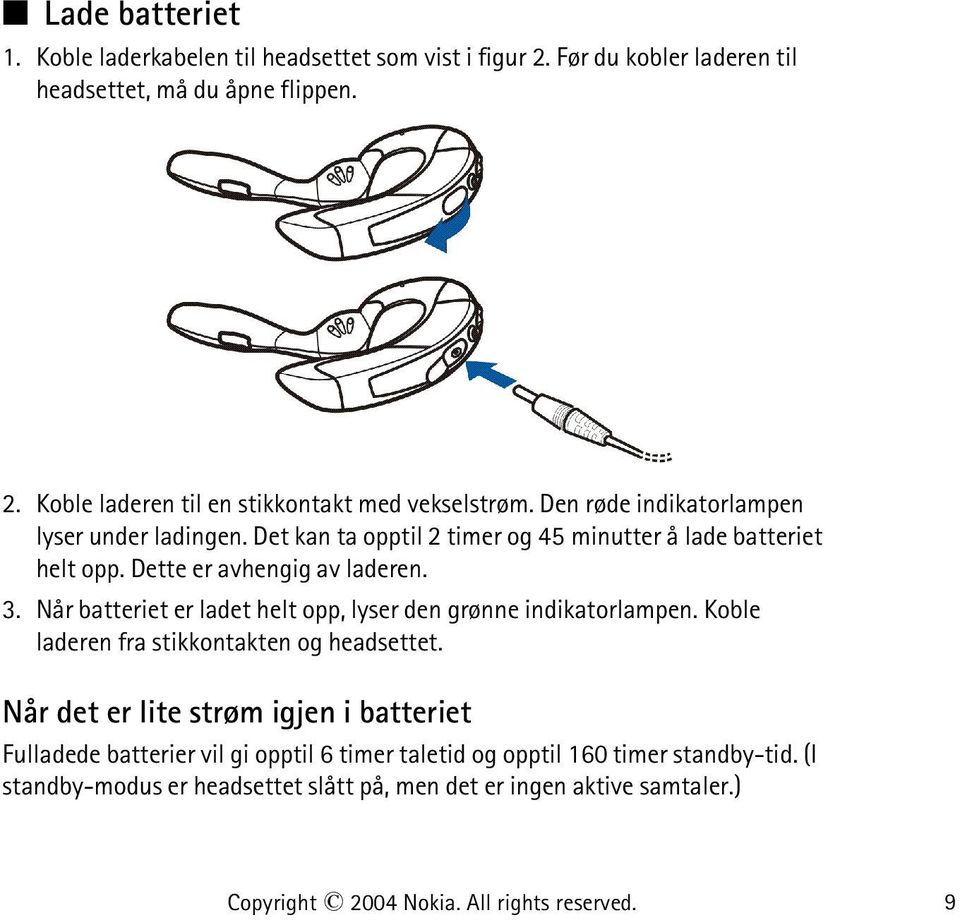 Når batteriet er ladet helt opp, lyser den grønne indikatorlampen. Koble laderen fra stikkontakten og headsettet.