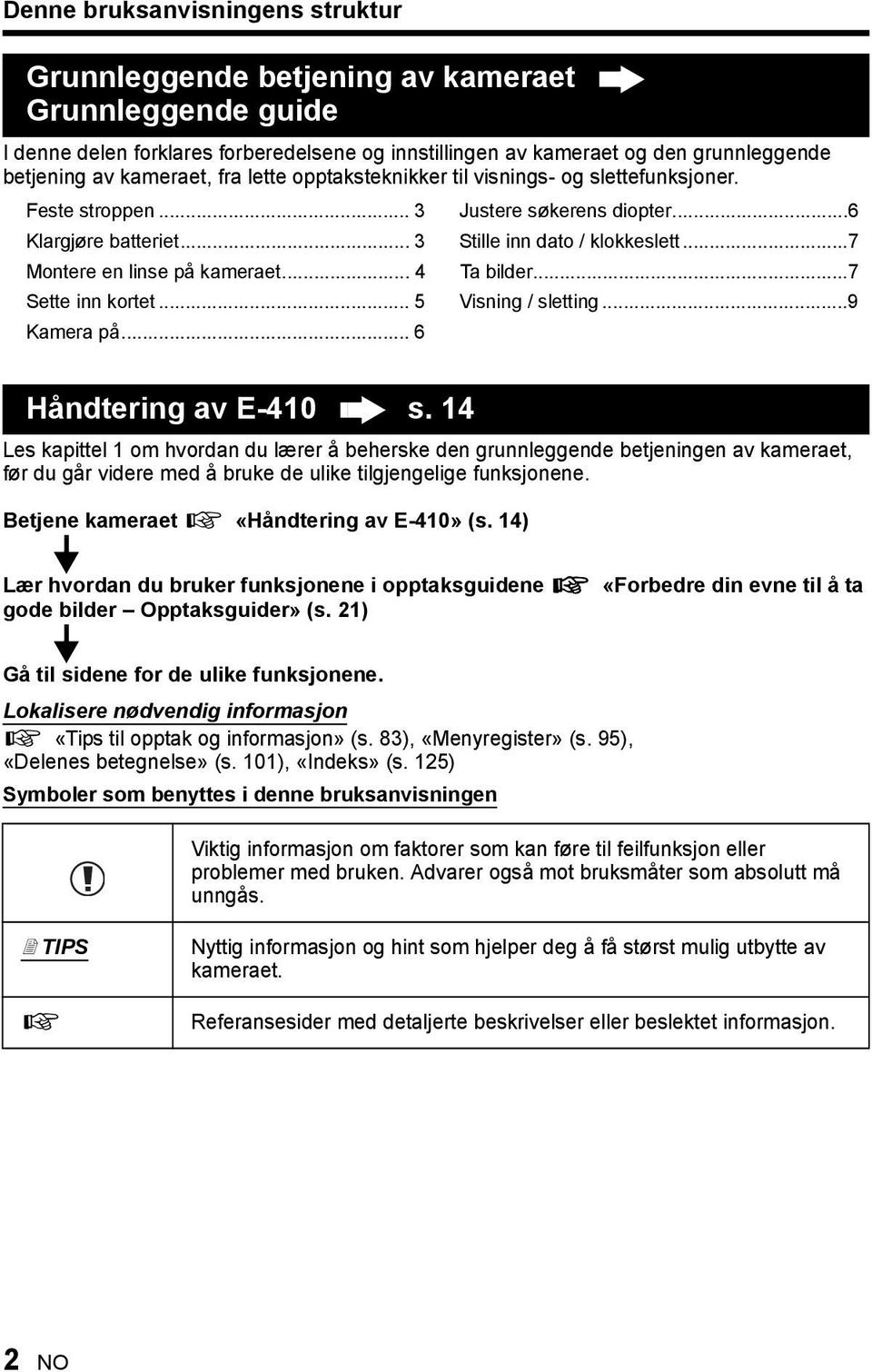 ..7 Montere en linse på kameraet... 4 Ta bilder...7 Sette inn kortet... 5 Visning / sletting...9 Kamera på... 6 Håndtering av E-410 s.