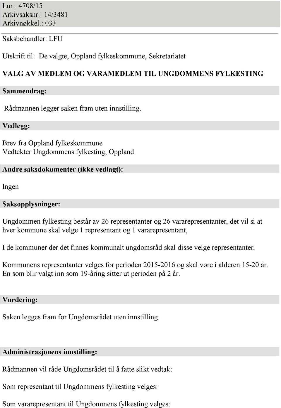 Vedlegg: Brev fra Oppland fylkeskommune Vedtekter Ungdommens fylkesting, Oppland Andre saksdokumenter (ikke vedlagt): Ingen Saksopplysninger: Ungdommen fylkesting består av 26 representanter og 26