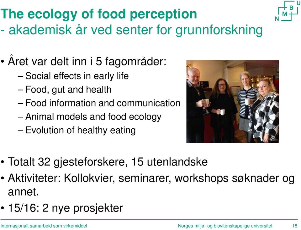 of healthy eating Totalt 32 gjesteforskere, 15 utenlandske Aktiviteter: Kollokvier, seminarer, workshops søknader og