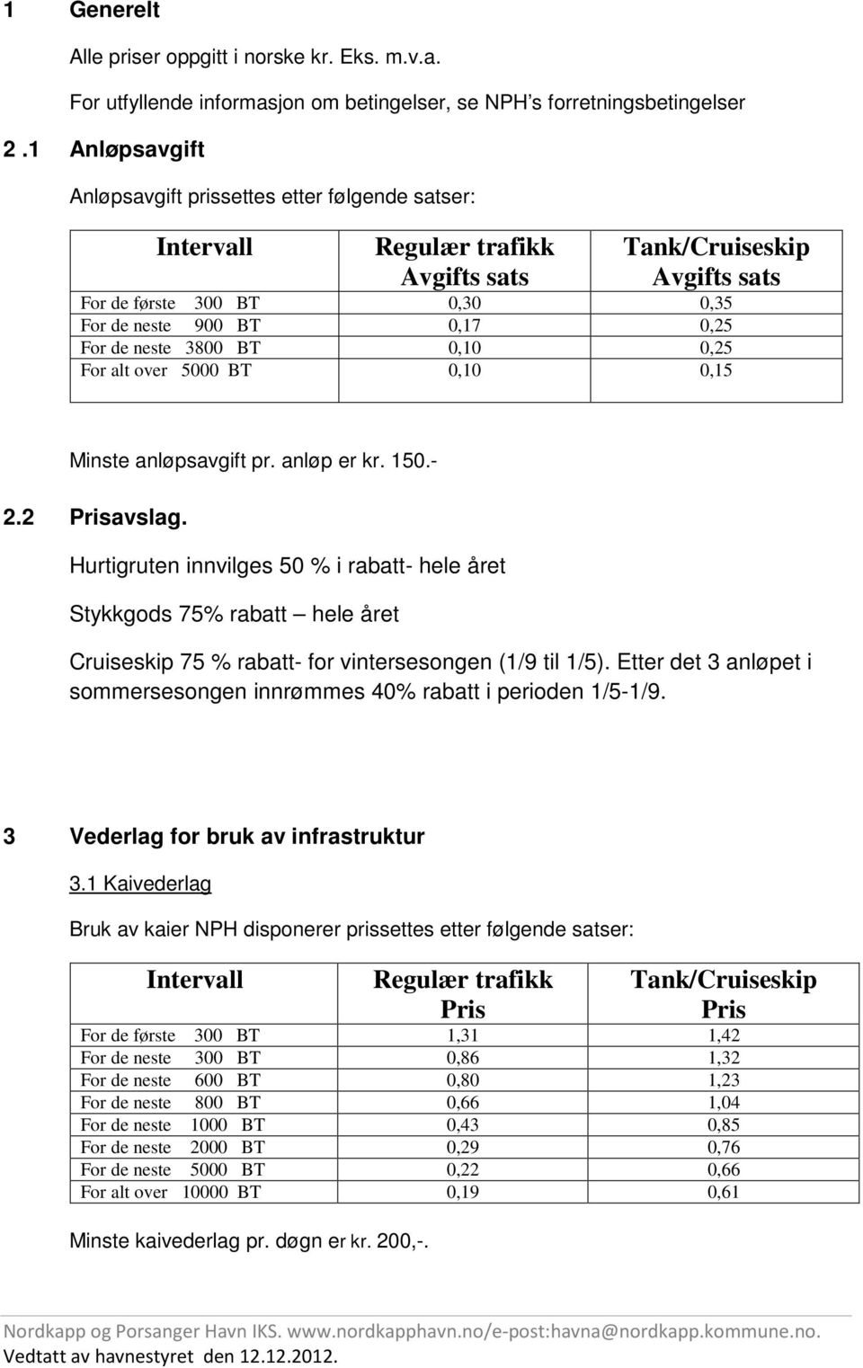 neste 3800 BT 0,10 0,25 For alt over 5000 BT 0,10 0,15 Minste anløpsavgift pr. anløp er kr. 150.- 2.2 Prisavslag.