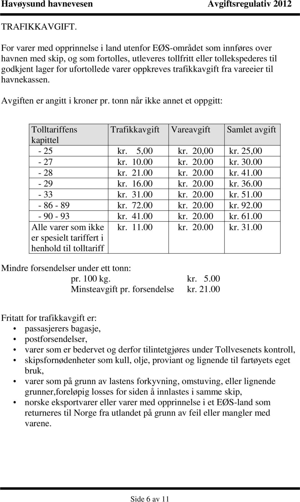 trafikkavgift fra vareeier til havnekassen. Avgiften er angitt i kroner pr. tonn når ikke annet et oppgitt: Tolltariffens Trafikkavgift Vareavgift Samlet avgift kapittel - 25 kr. 5,00 kr. 20,00 kr.