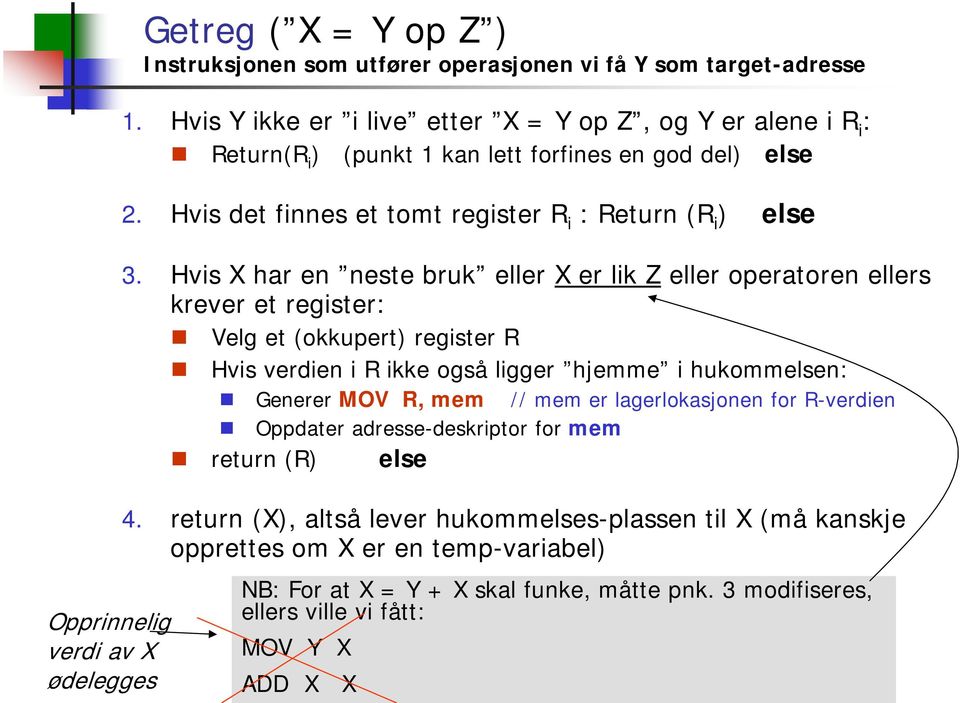 Hvis X har en neste bruk eller X er lik Z eller operatoren ellers krever et register: Velg et (okkupert) register R Hvis verdien i R ikke også ligger hjemme i hukommelsen: Generer MOV R, mem //