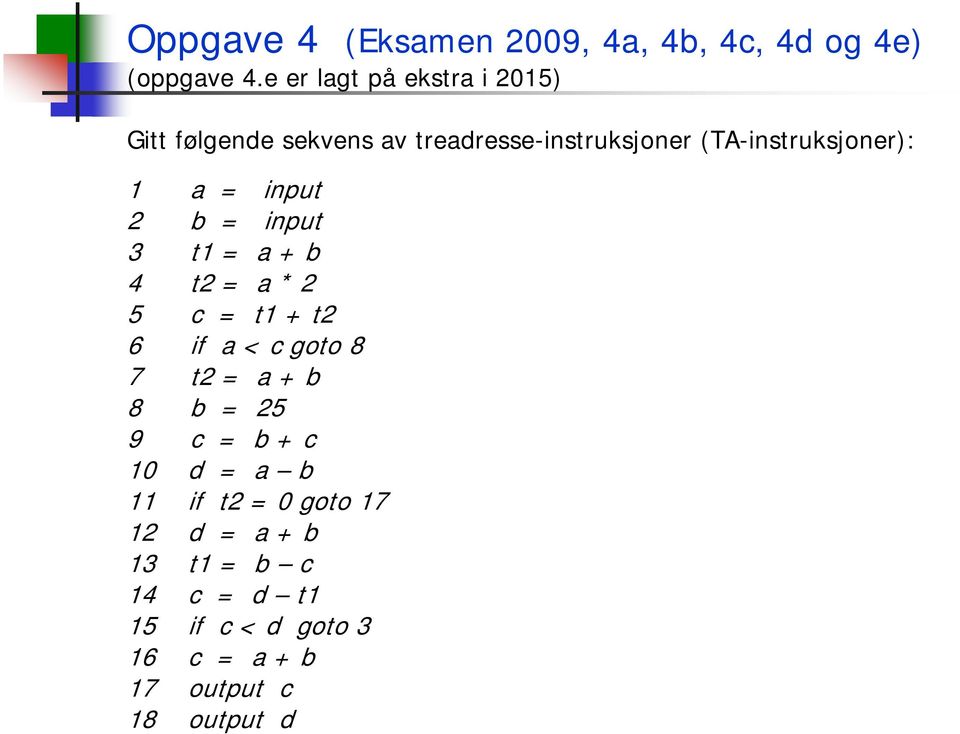 1 a = input 2 b = input 3 t1 = a + b 4 t2 = a * 2 5 c = t1 + t2 6 if a < c goto 8 7 t2 = a + b 8 b