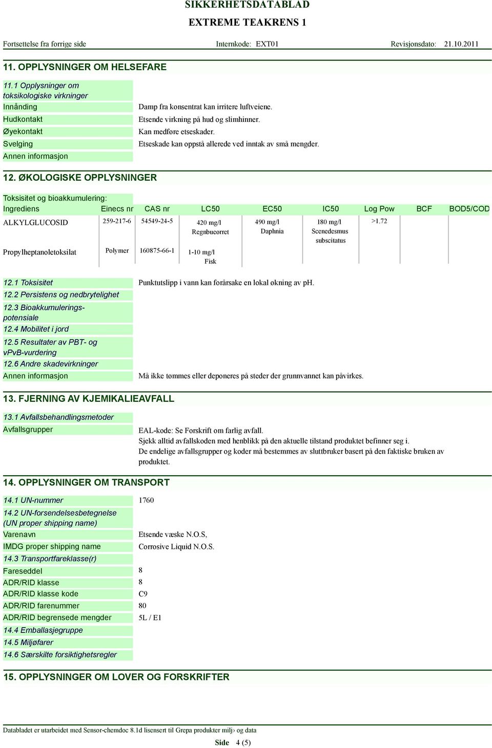 ØKOLOGISKE OPPLYSNINGER Toksisitet og bioakkumulering: Ingrediens Einecs nr CAS nr LC50 EC50 IC50 Log Pow BCF BOD5/COD ALKYLGLUCOSID 259-217-6 54549-24-5 420 mg/l 490 mg/l Regnbueørret Daphnia