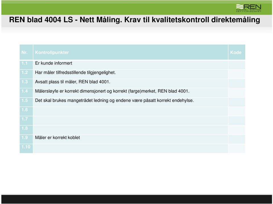 1.4 Målersløyfe er korrekt dimensjonert og korrekt (farge)merket, REN blad 4001. 1.