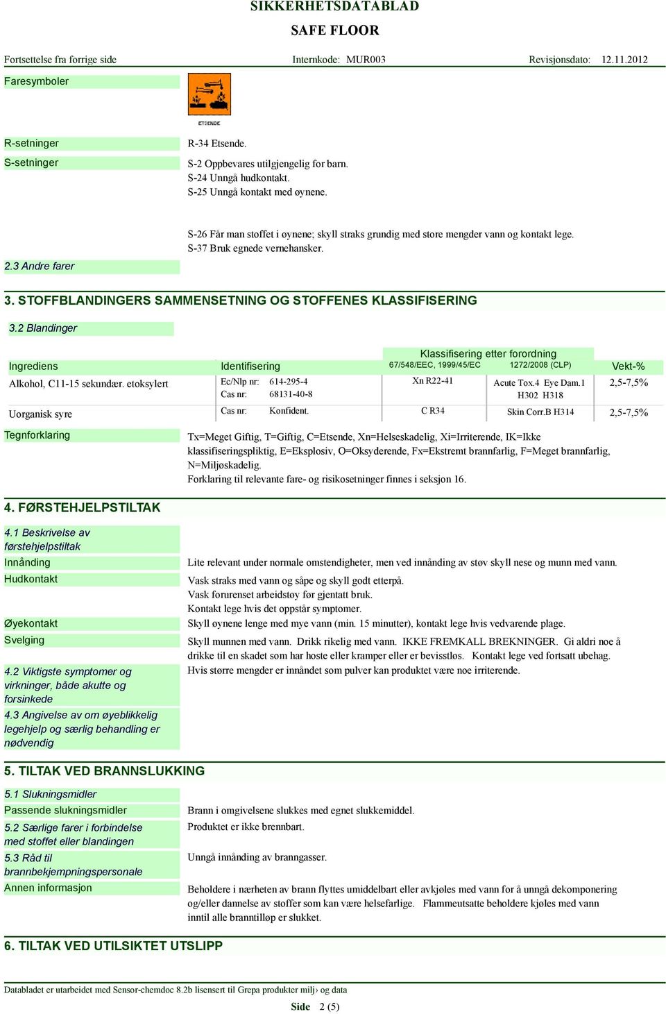 STOFFBLANDINGERS SAMMENSETNING OG STOFFENES KLASSIFISERING 3.2 Blandinger Klassifisering etter forordning Ingrediens Identifisering 67/548/EEC, 1999/45/EC 1272/2008 (CLP) Alkohol, C11-15 sekundær.