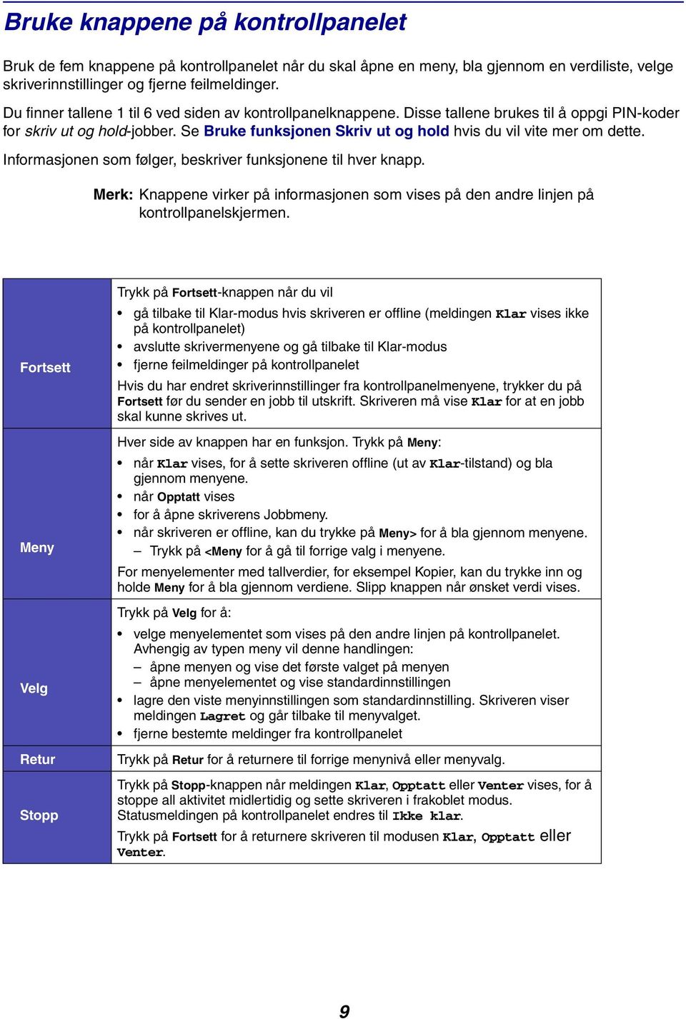 Se Bruke funksjonen Skriv ut og hold hvis du vil vite mer om dette. Informasjonen som følger, beskriver funksjonene til hver knapp.