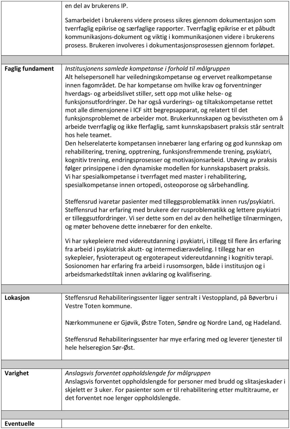 Faglig fundament Institusjonens samlede kompetanse i forhold til målgruppen Alt helsepersonell har veiledningskompetanse og ervervet realkompetanse innen fagområdet.