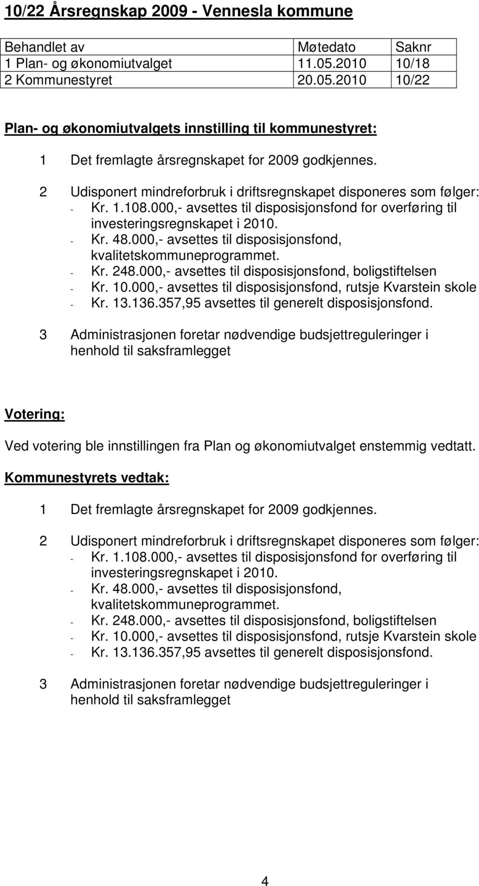 000,- avsettes til disposisjonsfond, kvalitetskommuneprogrammet. - Kr. 248.000,- avsettes til disposisjonsfond, boligstiftelsen - Kr. 10.