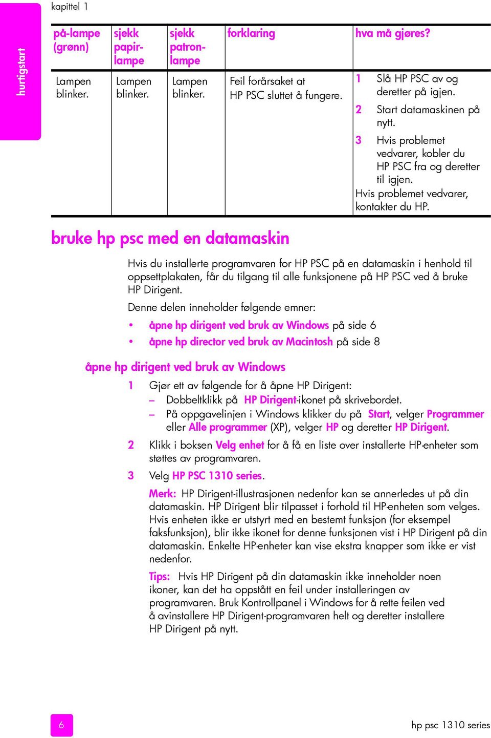 bruke hp psc med en datamaskin Hvis du installerte programvaren for HP PSC på en datamaskin i henhold til oppsettplakaten, får du tilgang til alle funksjonene på HP PSC ved å bruke HP Dirigent.