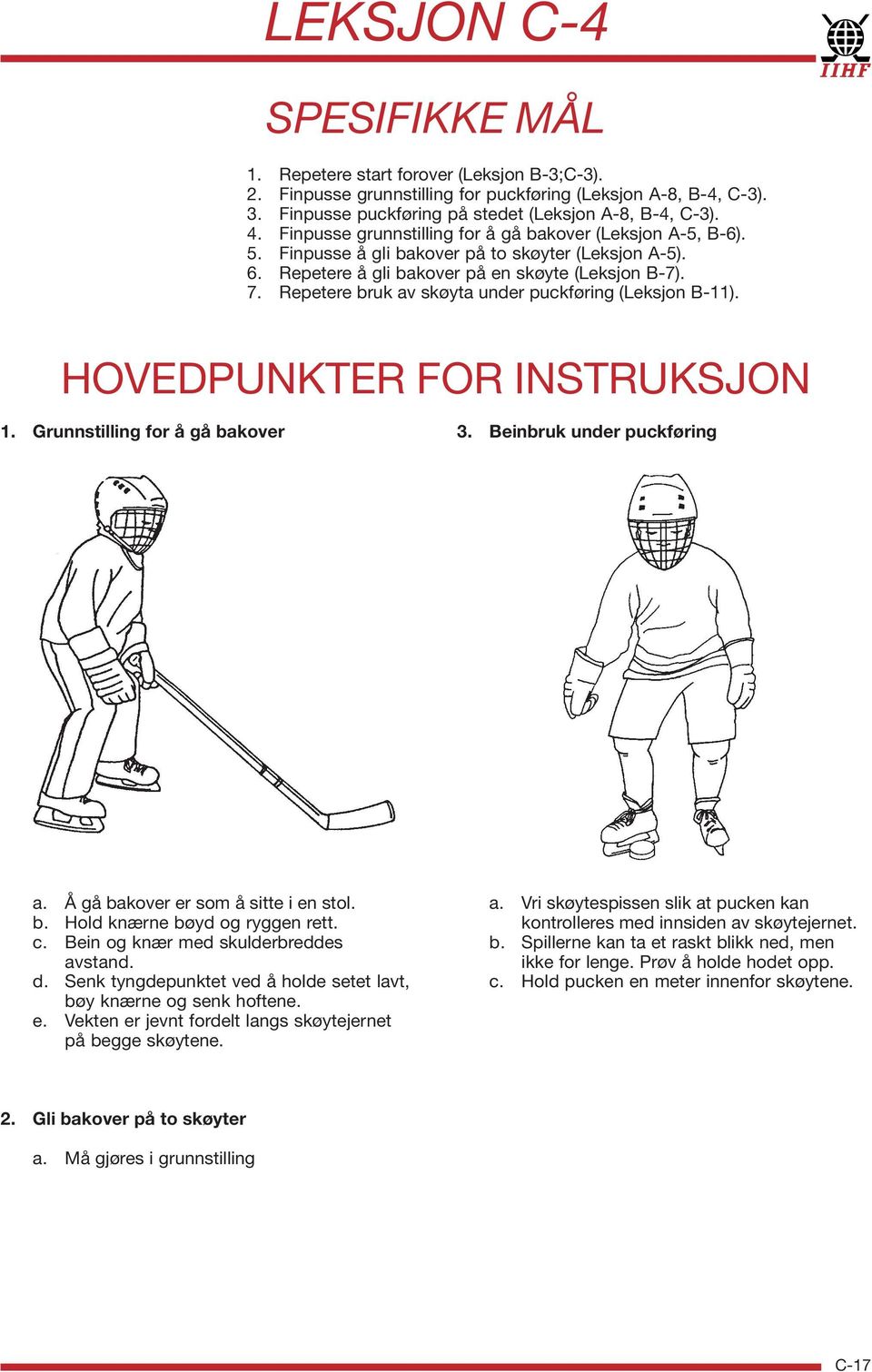 Repetere bruk av skøyta under puckføring (Leksjon B-11). HOVEDPUNKTER FOR INSTRUKSJON 1. Grunnstilling for å gå bakover 3. Beinbruk under puckføring a. Å gå bakover er som å sitte i en stol. b. Hold knærne bøyd og ryggen rett.