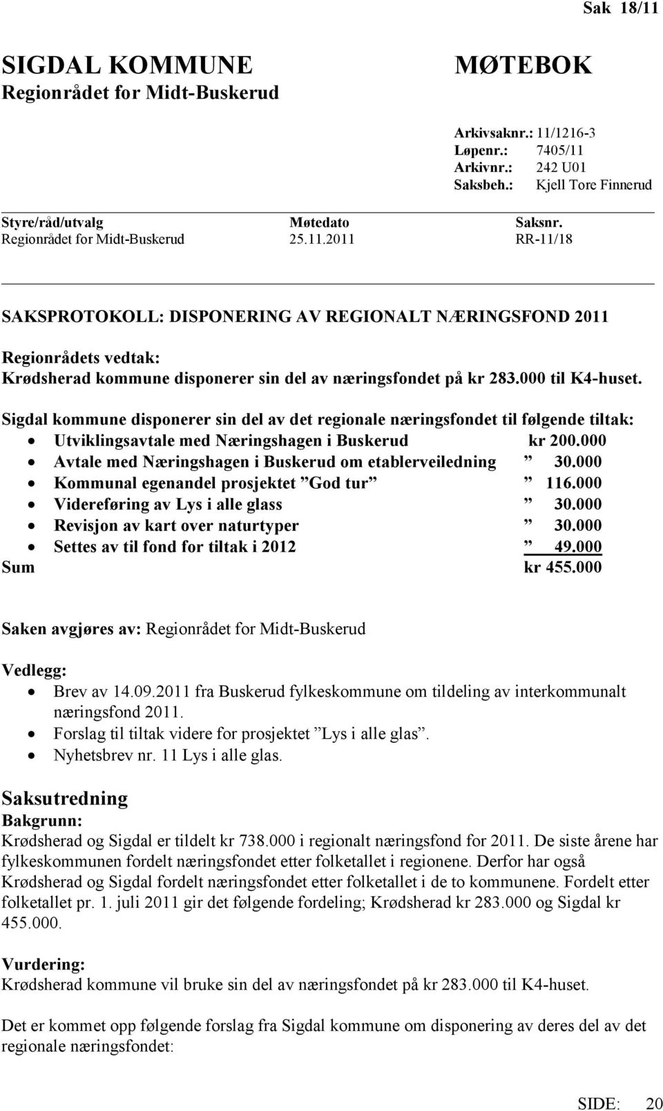 000 til K4-huset. Sigdal kommune disponerer sin del av det regionale næringsfondet til følgende tiltak: Utviklingsavtale med Næringshagen i Buskerud kr 200.