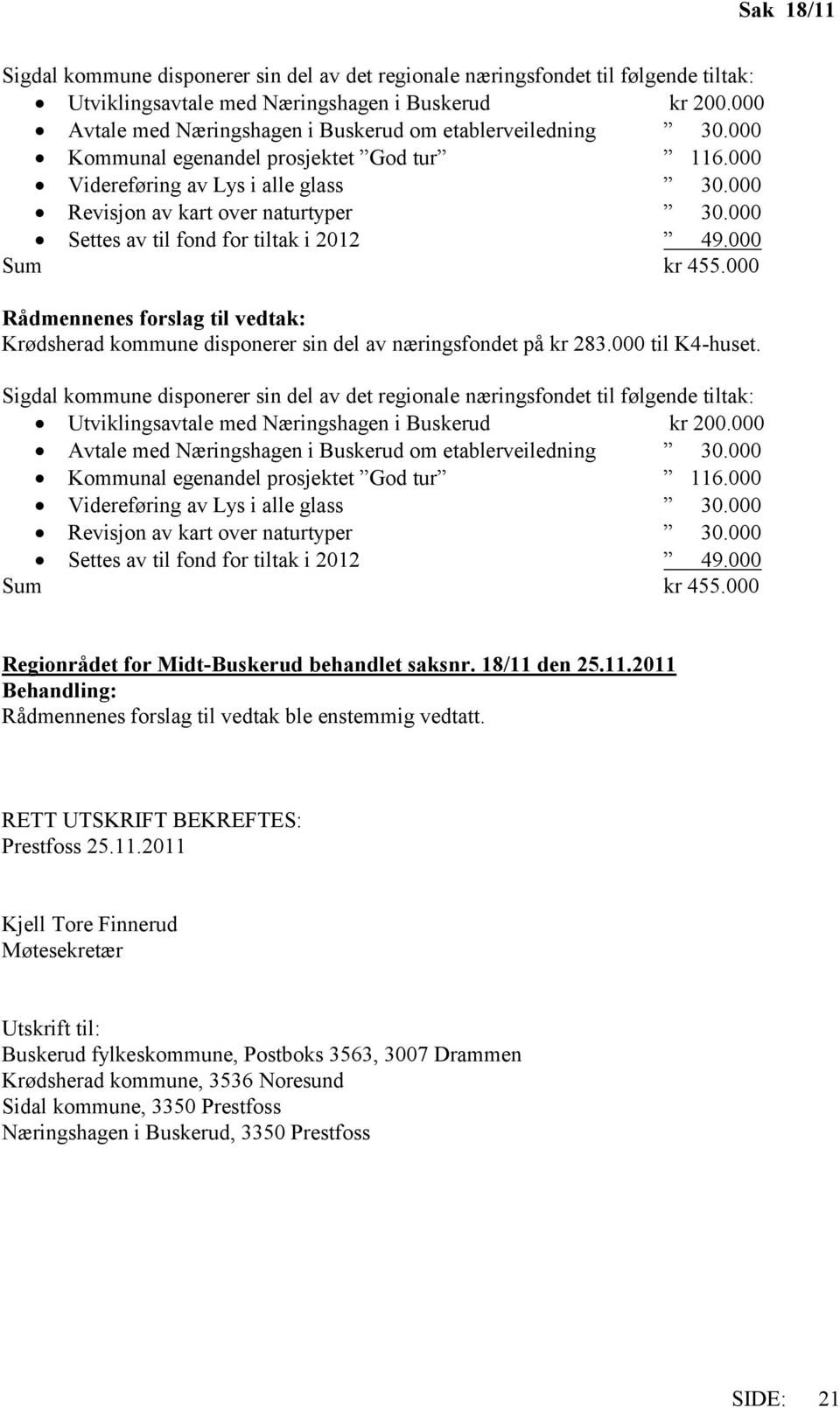 000 Settes av til fond for tiltak i 2012 49.000 Sum kr 455.000 Rådmennenes forslag til vedtak: Krødsherad kommune disponerer sin del av næringsfondet på kr 283.000 til K4-huset.