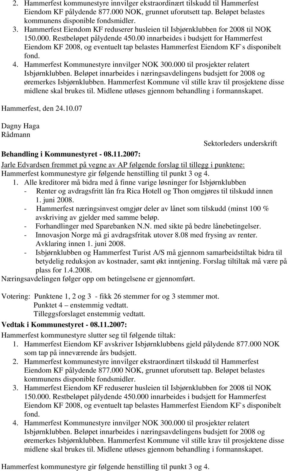 00 innarbeides i budsjett for Hammerfest Eiendom KF 2008, og eventuelt tap belastes Hammerfest Eiendom KF`s disponibelt fond. 4. Hammerfest Kommunestyre innvilger NOK 300.