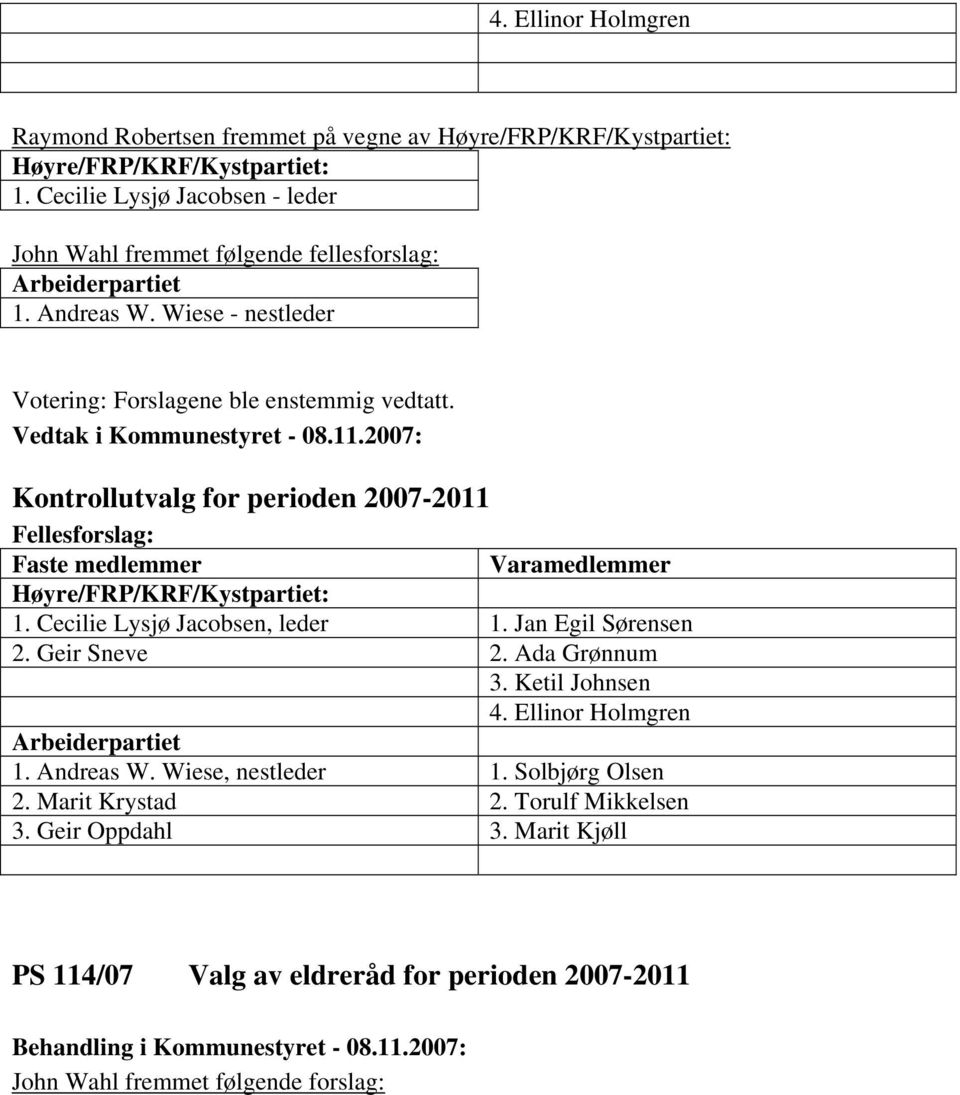 Kontrollutvalg for perioden 2007-2011 Fellesforslag: Faste medlemmer Varamedlemmer Høyre/FRP/KRF/Kystpartiet: 1. Cecilie Lysjø Jacobsen, leder 1. Jan Egil Sørensen 2.