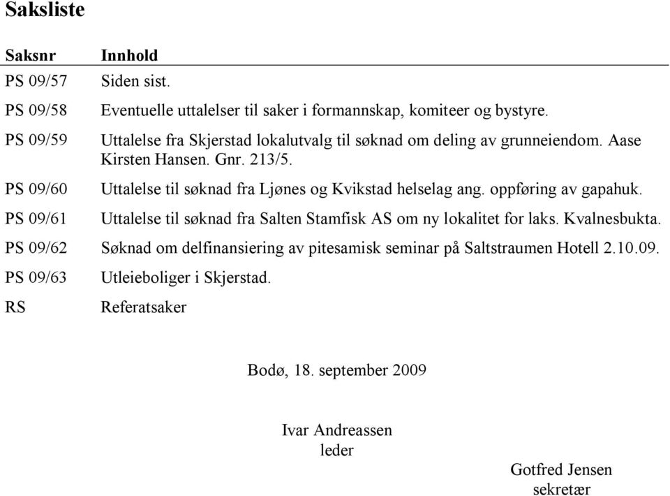 Uttalelse til søknad fra Ljønes og Kvikstad helselag ang. oppføring av gapahuk. Uttalelse til søknad fra Salten Stamfisk AS om ny lokalitet for laks.