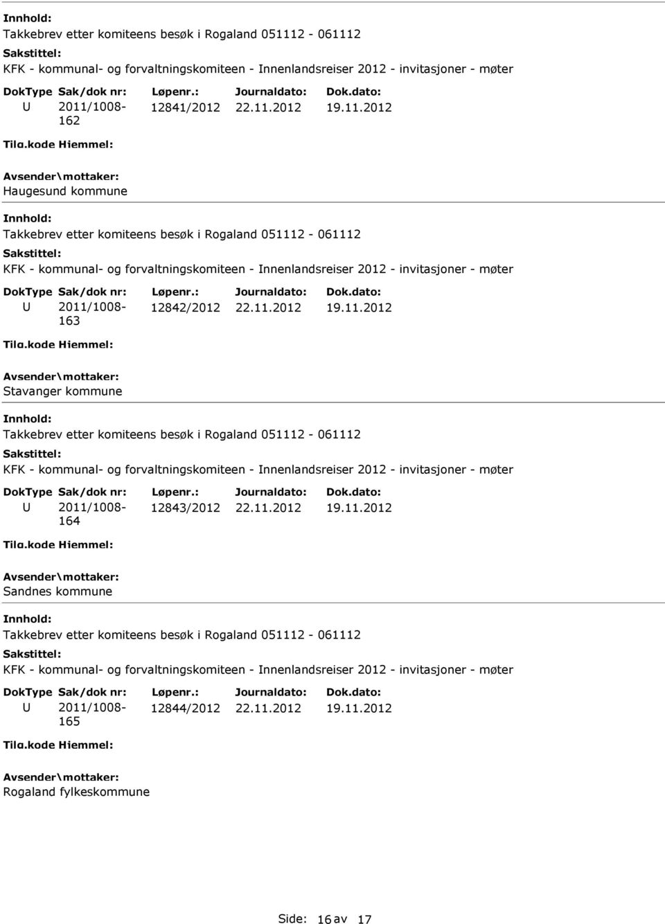 Takkebrev etter komiteens besøk i Rogaland 051112-061112 KFK - kommunal- og forvaltningskomiteen - nnenlandsreiser 2012 - invitasjoner - møter 164 12843/2012 Sandnes kommune