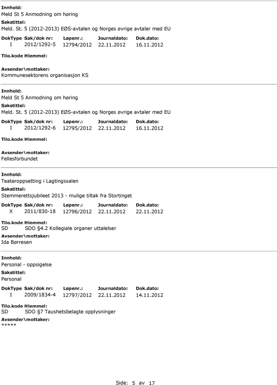 11.2012 Fellesforbundet Teateroppsetting i Lagtingssalen Stemmerettsjubileet 2013 - mulige tiltak fra Stortinget X 2011/830-18 12796/2012 Tilg.