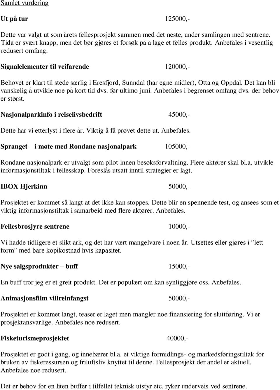 Signalelementer til veifarende 120000,- Behovet er klart til stede særlig i Eresfjord, Sunndal (har egne midler), Otta og Oppdal. Det kan bli vanskelig å utvikle noe på kort tid dvs. før ultimo juni.