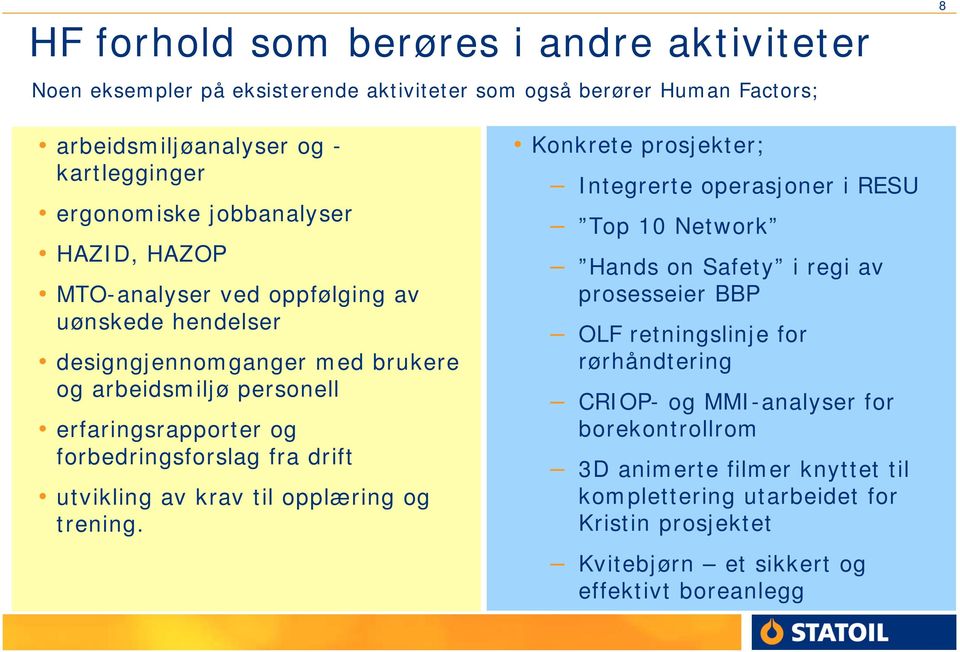 fra drift utvikling av krav til opplæring og trening.