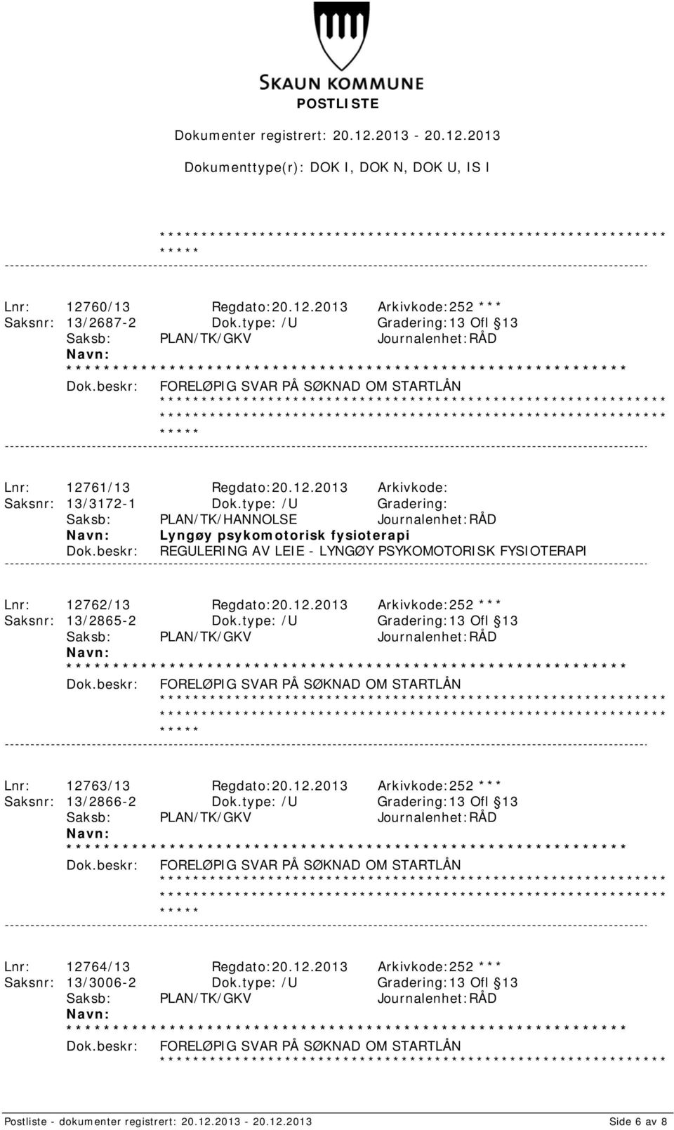 62/13 Regdato:20.12.2013 Arkivkode:252 *** Saksnr: 13/2865-2 Dok.type: /U Gradering:13 Ofl 13 FORELØPIG SVAR PÅ SØKNAD OM STARTLÅN Lnr: 12763/13 Regdato:20.12.2013 Arkivkode:252 *** Saksnr: 13/2866-2 Dok.