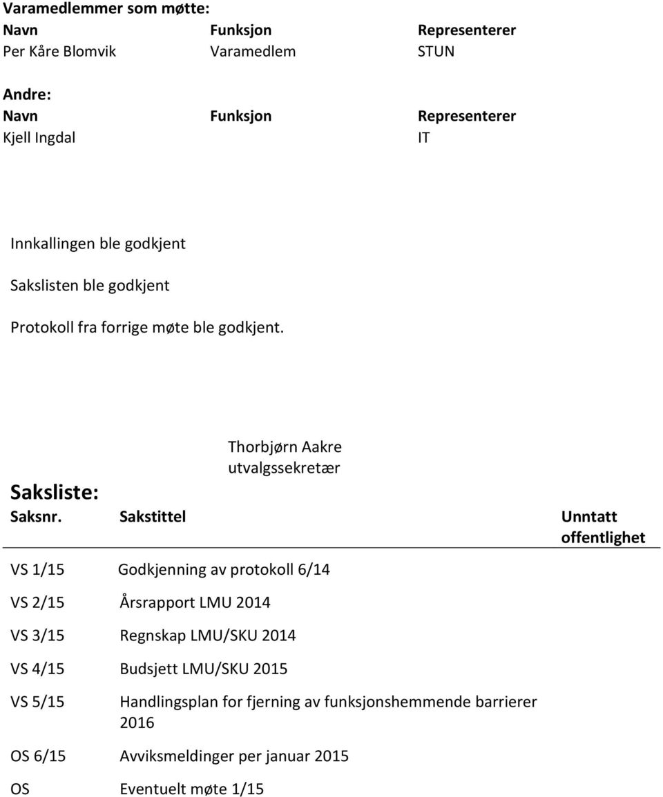 Sakstittel Unntatt offentlighet VS 1/15 Godkjenning av protokoll 6/14 VS 2/15 Årsrapport LMU 2014 VS 3/15 Regnskap LMU/SKU 2014