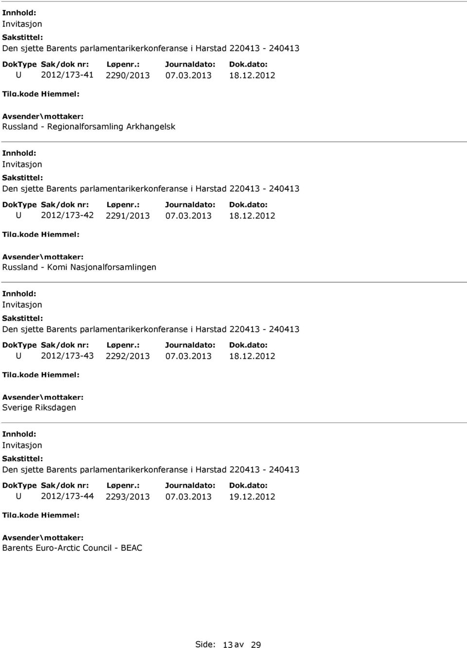 Nasjonalforsamlingen nvitasjon 2012/173-43 2292/2013 Sverige Riksdagen